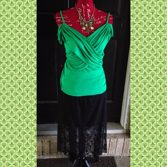 {VENUS} Green Draped Criss Cross Cold Shoulder Top - Picture 5 of 7